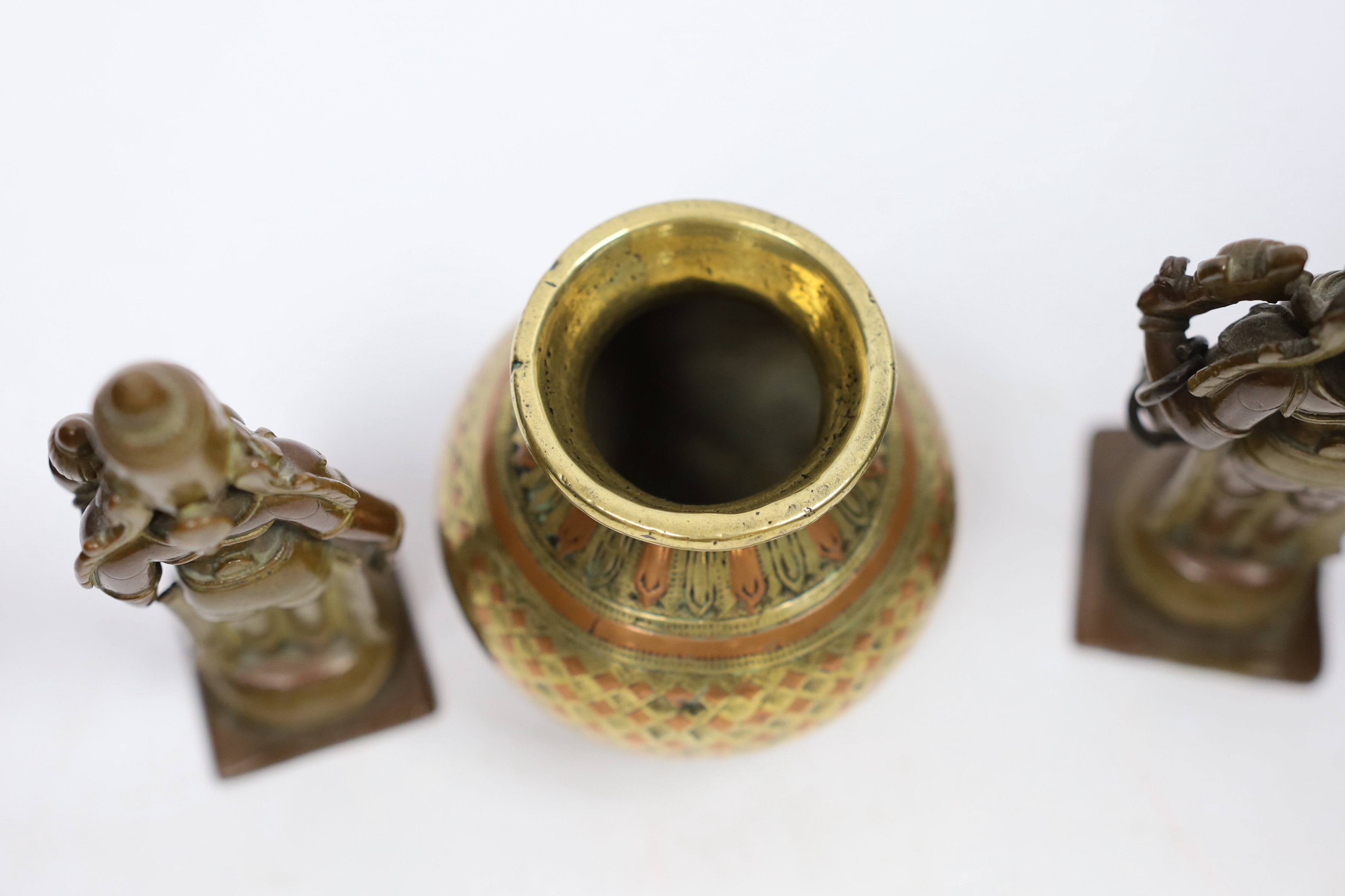 A Ganga-Jamuna figure of Vishnu and two consorts, 18th century together with a small South Indian pot, tallest 13cm